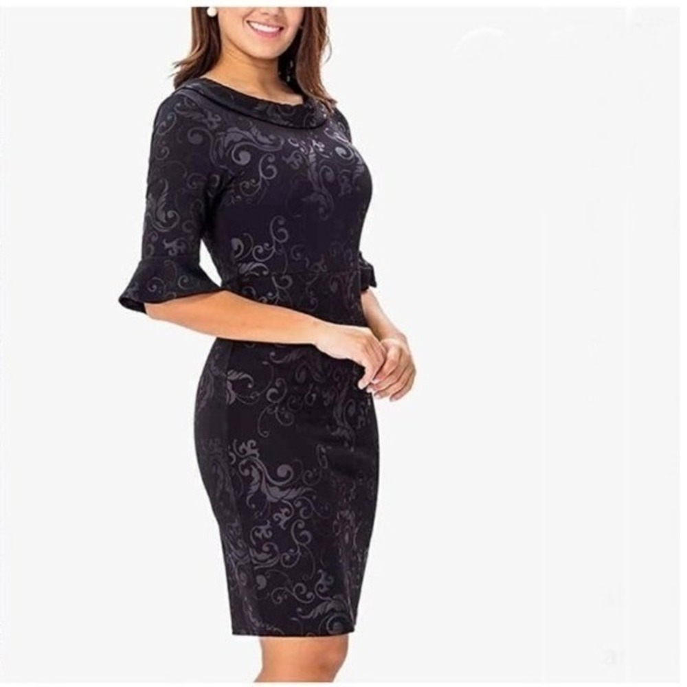 NWT Noctflos Retro Floral Trumpet Bell Sleeve Vintage Business Sheath Dress L‎